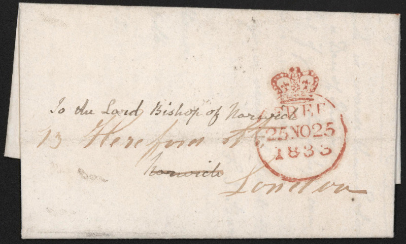 GREAT BRITAIN - Postal History: POSTAL HISTORY: 1833 (Nov. 25) entire letter addressed to 'To the Lord Bishop of Norwich' re-addressed to Hereford St. London, superb (Crown) Free datestamp in red, on reverse BUNGAY postal handstamp and Norwich datestamp.