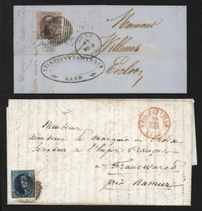 BELGIUM - Postal History: IMPERFS ON ENTIRES: 1855 Philippeville to Namur (backstamp) with 20c blue Medallion (Scott #7) tied by indistinct barred cancel; also 1860 commercial entire from Gand to Eecloo (backstamp) with 10c brown Medallion (Scott #6) tied by 18-bar '45' cancel of Gand. (2)