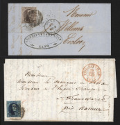 BELGIUM - Postal History: IMPERFS ON ENTIRES: 1855 Philippeville to Namur (backstamp) with 20c blue Medallion (Scott #7) tied by indistinct barred cancel; also 1860 commercial entire from Gand to Eecloo (backstamp) with 10c brown Medallion (Scott #6) tied