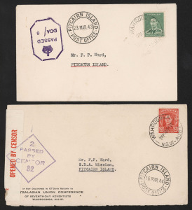 PITCAIRN ISLANDS: MISSIONARY COVERS: 1943 & 1944 inward censor covers from Wahroonga to Seventh-Day Adventist Frederick Percival Ward who was performing missionary work on the island between 1938 and 1944, the earlier cover posted '15JA43' with New Zealand censor handstamp and 'PITCAIRN ISLAND/23MAR/43' arrival datestamp, the latter posted '6OC43' with Seventh-Day Adventists (Wahroonga) imprint, Sydney censor handstamp & tape, the cover arriving some 5 months later with 'PITCAIRN ISLAND/16MAR/44