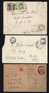 PALESTINE: POSTAL HISTORY: 1938 (Oct.26) use of 8m Postal Card from Jerusalem to USA with extensive message in Yiddish relating to family matters and to the possibility of being able to emigrate to the USA; 1944 (Sep.17) cover to a Jewish soldier serving in the Mediterranean Expeditionary Force with 10m Tomb tied by KEFAR SAVA datestamp, Deputy Chief Field Censor circular handstamp; also 1942 inwards censor cover from Egypt addressed to Hostel Jerusalem/YMCA,