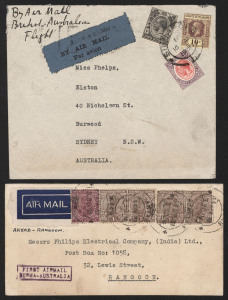 AUSTRALIA: Aerophilately & Flight Covers: 1931 (AAMC.192u,192x) Imperial Airways 2nd Experimental Flight intermediates comprising Akyab-Rangoon with boxed 'FIRST AIRMAIL/BURMA-AUSTRALIA' handstamp in violet, colourless Bullock Brothers (Akyab) embossing on flap; Singapore-Australia with SINGAPORE "Imperial Airways Ltd/London-Australia/Air Mail/First Flight" slogan & SYDNEY arrival backstamps; Cat $350. (2)