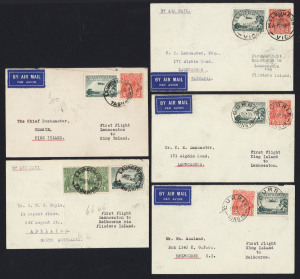 AUSTRALIA: Aerophilately & Flight Covers: 1933 TASMANIA First Flight selection comprising Hart Aircraft Service (Aug.22-23) AAMC.319&322 Melbourne-Launceston and Launceston-Melbourne; Matthews Aviation Co (Oct.13-14) AAMC.339-341 Currie-Launceston, Launceston-Currie & Currie-Melbourne; mostly fine, Cat. $510 (2008). (5)