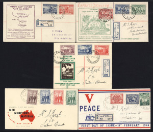AUSTRALIA: First Day & Commemorative Covers: 1936-47 mostly registered (in South Australia) group of illustrated commemorative FDCs with FDI datestamps and appropriate registration labels comprising 1936 Cable serviced at CENTENNIAL EXHIBITION (Adelaide); SA Centenary serviced at GLENELG, 1937 NSW Sesqui at TAILEM BENS, 1945 Peace at KILBURN, 1940 AIF (not registered) at TAILEM BEND; generally fine, Cat. $400+ (5 items).