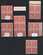 AUSTRALIA: KGV Heads - Single Watermark: 1d Red Smooth Paper multiples comprising blocks of 4 (5, one block INVERTED WATERMARK) plus a block of 6, the Inverted Wmk block of 4 (lower units MUH) has variety "Notch to N.E. corner" (not the BW listed flaw 72(