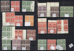 AUSTRALIA: KGV Heads - Collections & Accumulations: MINT BLOCKS: accumulation with many useful blocks of 4 including Single Wmk ½d Green, 1d Green (3, one with partial Mullet imprint and variety "'RA' joined"), 1½d Red (5, with varieties)