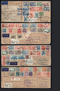 AUSTRALIA: Aerophilately & Flight Covers: 1934-37 oversized multi-franked registered FF covers comprising 1934 (Feb.17) Australia-New Zealand (AAMC.360) with 23 stamps incl. NZ 7d Trans-Tasman pair; 1934 (Jul.24) Australia-New Guinea (18 stamps) and Australia-Papua (16 stamps), AAMC.390-91; 1937 (Apr.19) Australia-USA (AAMC.727) with Hong Kong-San Francisco cachet in blue, franked with 13 stamps; all covers with peripheral blemishes as is usual. (4)