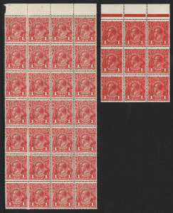 AUSTRALIA: KGV Heads - Single Watermark: 1d Red Smooth Paper multiples comprising 1d Carmine-Red block of 24 (4x6) approx 50/50 MUH/MLH (reinforced perf separations), plus an Aniline Red marginal block of 9 (MUH); BW.71 shades - minimum Cat. $1100+.