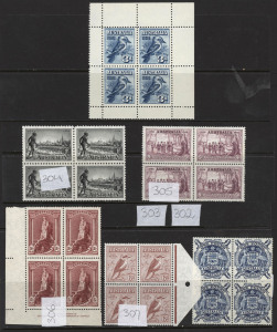AUSTRALIA: Other Pre-Decimals: 1928-49 mint selection with 1929 Kookaburra M/S, then blocks of 4 comprising 1932 6d Large Kooka (MUH), 1934 1/- Victoria Centenary Perf 10½, 1938 9d NSW Centenary, 1948 Robes Thin Paper imprint block and 1949 £1 Arms; 6d Kooka & £1 Arms MUH, other blocks with lower units MUH, Kooka M/S MLH, Cat. $1000+. (6 items)