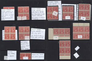 AUSTRALIA: KGV Heads - Single Watermark: 1d RED MINT BLOCKS: mostly varieties in blocks of 4 including Smooth Paper with varieties "Dot before '1'" & "Thinned left frame" [VI/21-22], "Secret mark" & Weeping Pearl" [VII/1&7], "Flaw under neck" [VII/37], "F