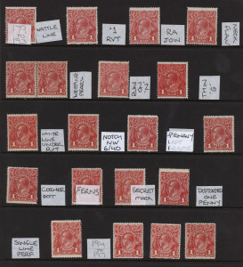 AUSTRALIA: KGV Heads - Single Watermark: 1d RED VARIETIES: mint array of annotated flaws, mostly on Smooth Paper single stamps (odd pair) including 'PENAVY' [III/23], 'White line under right value tablet' [III/42], Thin 'G' [IV/40] (on Deep Red shade), Ru