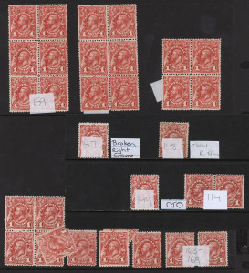 AUSTRALIA: KGV Engraved Issues: 1d RED ENGRAVED: mint selection with multiples including blocks of 6 (2), blocks of 4 (2), pair and 10 singles (one in CTO) two with Right Frame flaws; some shade variation, all of the blocks are MUH; BW.59 group - Cat. $30