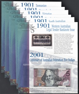 Banknotes - Australia: Decimal Banknotes: 2001 Centenary of Federation limited edition $5 set of 6 notes for NSW, QLD, SA, TAS, VIC & WA, each housed on original ANDA presentation cards, each card numbered #0135 (of 2500 issued), Unc - Retail $200+. (6)