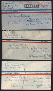 Ecuador: 1946-47 COVERS TO AUSTRALIA OR CHINA: with 1947 Quito to Armadale, Melbourne (2), both attractively franked on reverse with QUITO datestamps tying stamps, one registered with manuscript registration number and MIAMI, SYDNEY & ARMADALE backstamps; also 1946 clipper rate to Shanghai to member of the same family with manuscript registration, 'T.A.A.S.T.E.' handstamp in black, QUITO datestamps tying stamps to reverse, with MIAMI, SAN FRANCISCO transits & SHANGHAI arrival backstamps. (3)