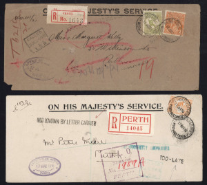 AUSTRALIA: Postal History: Perth Land Titles Office registered covers comprising 1916 4d Roo perf Large 'OS' (damaged at top) tied by REGISTERED PERTH datestamp, unclaimed with instructional & 'TOO-LATE' handstamps; 1921 with 3d Die I perf 'OS' (Cat. $400 on cover) & KGV 2d Orange perf 'OS' tied by REGISTERED PERTH datestamps, also unclaimed with instructional handstamp. (2)
