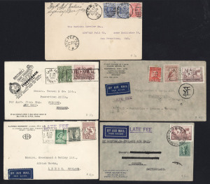 AUSTRALIA: Postal History: LATE FEE COVERS: Selection of covers sent at a variety of rates with well struck 'LATE FEE' datestamps and/or handstamps including 1906 NSW to California sent at 2½d letter rate plus 2½d Late Fee with fine strike of 'LATE FEE PA