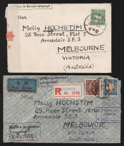 CHINA - Postal History: POSTAL HISTORY - 1939-40 COVERS TO AUSTRALIA: From the same Judaistic correspondence to an addressee in Armadale both endorsed "Written in German Language", comprising 1940 Shanghai registered airmail flimsy envelope, blue/red airmail label and red/white registration label, red/white 'Opened by Censor' label across the flap and 'PASSED BY/CENSOR/V100' on the flap, REGISTERED/HONG KONG, REGISTERED/MELBOURNE & ARMADALE backstamps,
