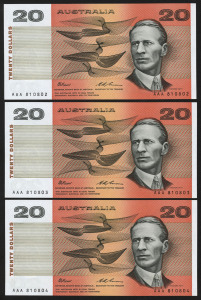 Banknotes - Australia: Decimal Banknotes: 1993 $20 Fraser/Evans NPA Issue Triple 'A' prefix consecutive run of 3 numbered 'AAA810802-804', aUnc