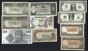 Banknotes - Australia: Pre-Decimal Banknotes: 1939-1990 selection with pre-decimal KGVI 1939 Sheehan/McFarlane £1 (fair/G), QEII 1954 Coombs/Wilson 10/- (2, Rks. 16 & 17, latter poor), QEII 1961 Coombs/Wilson Reserve Bank £1 (2, fair/G); also decimal 1990 Fraser/Higgins $100, plus few foreign notes with well-circulated 1973 New Caledonia 100fr, 1982-84 Malaysia 20 Ringgit (VG/F), and USA 2009 & 2013 $1 notes (former stained). (10)