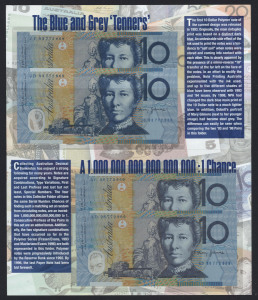 Banknotes - Australia: Decimal Banknotes: 1993-1998 Blue & Grey 'Tenners' comprising two 1993 blue shaded notes numbered 'JC93772869' & 'JD93772869' and two 1998 grey shaded notes numbered 'AC98772869' and 'AD98772869', housed in ANDA Collector folder numbered '843' of 2000.