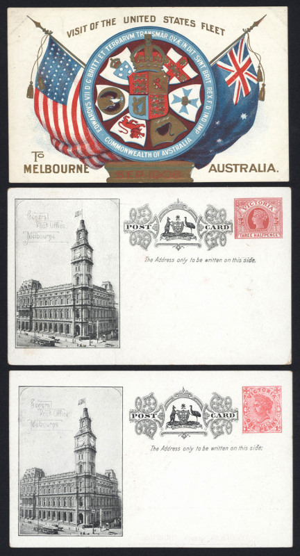 VICTORIA - Postal Stationery: POSTAL CARDS - GREAT WHITE FLEET: 1908 1d red & 1½d brown-red HG #31 & 32; also Commonwealth of Australia unstamped formular card with 'TO MELBOURNE/SEP 1908/AUSTRALIA' at base of view side; trivial blemishes, unused. (3)