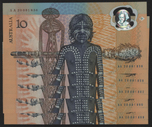 Banknotes - Australia: Decimal Banknotes: 1988 $10 Bicentenary Collector Issue, general prefix notes 'AA20091856' '859' '862' '866' & '868', Unc. (5)