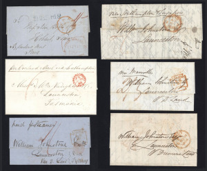 TASMANIA - Postal History: POSTAL HISTORY - INWARDS MAILS: 1853-60 entires from GB to Tasmania carried by P&O contract vessels with 1853 (Sept. 3) rated 1/- per "Chusan", 1853 (Nov. 3) rated 2/- per "Madras", 1854 (Mar. 31) rated 1/- per "Norna", 1854 (May 9) rated 2/3d via Marseilles per "Norna", 1854 (Nov. 8) rated 2/8d for double via Marseilles rate per "Madras", and 1860 (June 19) rated 6d for Uniform Empire rate per "Jeddo", (6).