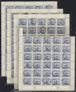 PAPUA: 1917 (SG.108) ONE PENNY on 2½d ultramarine, three complete sheets of (40) plus part sheet of (30) both with CA and JBC Monograms at base, cancelled per favour at PORT MORESBY on 17 April 1918 or 30 April 1919. (150). Cat.£675++.