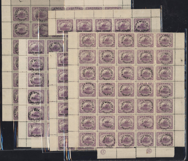 PAPUA: 1917 (SG.107) ONE PENNY on 2d bright mauve, various part sheets (39, 38, 36 and 35) with some CA and JBC Monograms and perf guide pips, cancelled per favour at PORT MORESBY 30 April 19 or 12 December 1921. (Total: 148). Cat.£2,516++. 