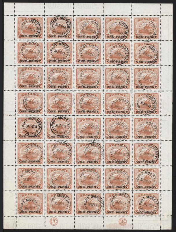 PAPUA: 1917 (SG.110) ONE PENNY on 6d orange-brown, complete sheet (40) with CA and JBC Monograms, cancelled per favour at PORT MORESBY 30 April 1919. Cat.£1,160++.