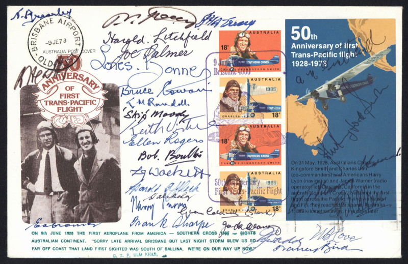 AUSTRALIA: Aerophilately & Flight Covers: THE 50th ANNIVERSARY OF THE FIRST TRANS-PACIFIC FLIGHT: 9 June 1978 (AAMC.1846a) Special cover flown from Brisbane to Sydney and bearing the signatures of more than 30 aviators who played significant roles in the