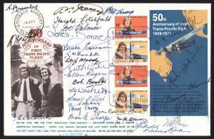AUSTRALIA: Aerophilately & Flight Covers: THE 50th ANNIVERSARY OF THE FIRST TRANS-PACIFIC FLIGHT: 9 June 1978 (AAMC.1846a) Special cover flown from Brisbane to Sydney and bearing the signatures of more than 30 aviators who played significant roles in the history of Australian aviation. Noted Lores Bonney, Skip Moody, Norman Brearley, Keith Virtue, Harold Litchfield, Jack Clancy, Frank Roberts & G. U. Allen. (One of only 50).