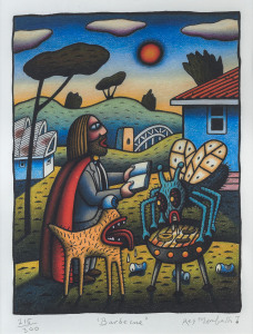 REG (Chris O'Doherty) MOMBASSA (b.1951), Barbecue colour lithograph, editioned (215/300), titled and signed in lower margin, 49 x 38cm (image).