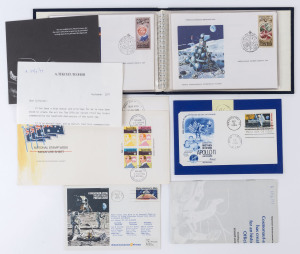 WORLD - Thematics: SPACE: USA 1969 Apollo 11 'First Man on the Moon' FDC, 1979 British Caledonian flight cover commemorating NASA space programme; Russia small album with 6 FDCs commemorating 20th Anniversary of Space Age, plus a letter with printed signature of Alexei Leonov; also PHILATELY: 1976 National Stamp Week FDC with "Misprinted red line in cachet" with a corrected cover included for comparison. (11 items).