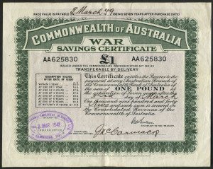 AUSTRALIA: Cinderellas: WAR SAVINGS CERTIFICATE: £1 serial no 'AA625830' maturing '3 March 49', printed signature of 'S.G. McFarlane', Secretary to the Treasury.