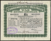 AUSTRALIA: Cinderellas: WAR SAVINGS CERTIFICATE: &pound;1 serial no 'AA625830' maturing '3 March 49', printed signature of 'S.G. McFarlane', Secretary to the Treasury.