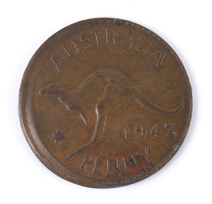 Coins - Australia: Penny: 1943 One Penny "Broadstrike" error, with additional "planchet flaw" running through kangaroo's back, F/VF.