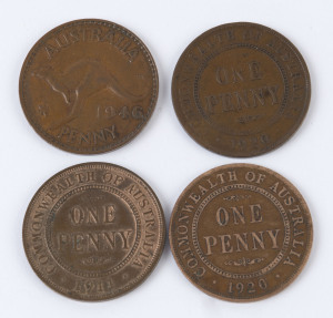 Coins - Australia: Penny: ONE PENNY SELECTION: comprising with 1911L EF retaining much lustre; 1920 "Double Dot" penny with characeristic raised lines over 'W' of 'COMMONWEALTH' die flaw, rated R7 aVF; 1920 1d Sydney Mint fair/G; 1946 "Lump in eye of Kin