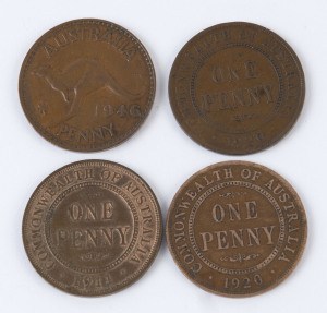 Coins - Australia: Penny: ONE PENNY SELECTION: comprising with 1911L EF retaining much lustre; 1920 "Double Dot" penny with characeristic raised lines over 'W' of 'COMMONWEALTH' die flaw, rated R7 aVF; 1920 1d Sydney Mint fair/G; 1946 "Lump in eye of King ('Sleepy George')" flaw, rated R7, VG/F. (4)