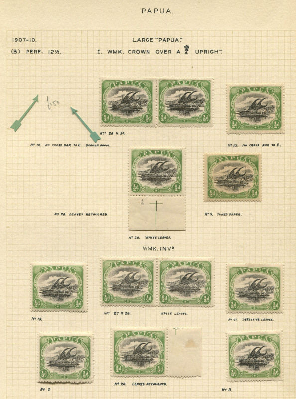 PAPUA: 1910-11 (SG.75) Wmk Crown over double-lined 'A', Large 'PAPUA' Wmk Upright P.12½ ½d Black & Green (12, incl 2 pairs) incl. seven Wmk Inverted, all identified by sheet position including "No cross bar to 'E' of 'POSTAGE' at left" [pos.12], "Leaves r