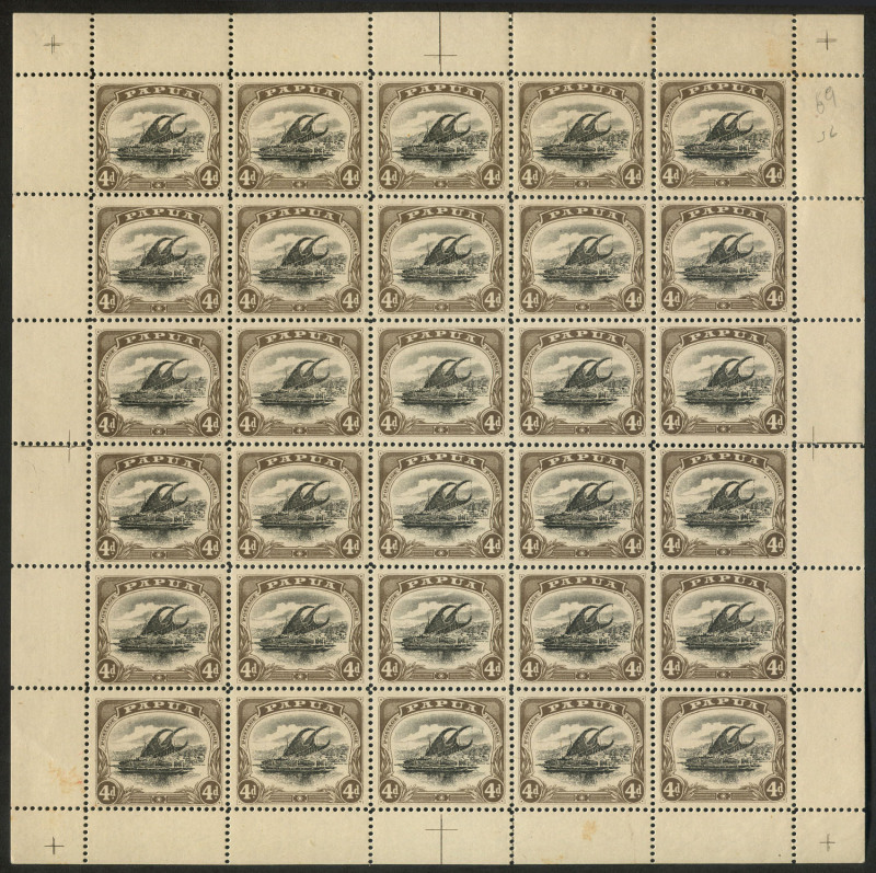 PAPUA: 1907-10 (SG.63) Small 'PAPUA' Wmk Sideways P.11 4d complete sheet (6x5) including "Deformed 'd'" [pos.18]; light even toned gum, few internal perf separations, one hinge reinforcement in sheet margin, otherwise MUH, Cat. £324++. (30)