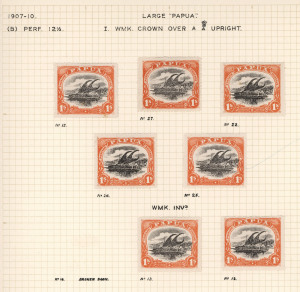 PAPUA: 1910-11 (SG.71) Wmk Crown over double-lined 'A', Large 'PAPUA' Wmk Upright P.12½ 1/- black & deep orange (8), two Wmk Inverted, identified as positions [12 x2, 13, 22, 25. 26, 27 & 28], generally F/VF mint, Cat. £152.