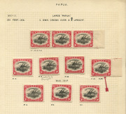 PAPUA: 1910-11 (SG.76) Wmk Crown over double-lined 'A', Large 'PAPUA' Wmk Upright P.12½ 1d Black & Red (10) including strip of 3 [pos 13-15] and three Wmk Inverted examples, all stamps identified by sheet position including "White triangle" [pos.18] and "