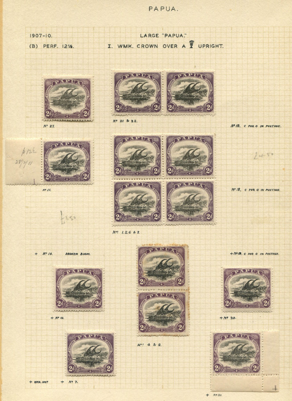 PAPUA: 1910-11 (SG.77) Wmk Crown over double-lined 'A', Large 'PAPUA' Wmk Upright P.12½ 2d Black & Dull Purple [14] including block of 4 [pos.1-2,6-7] and two pairs (one toned), all stamps identified by sheet position, some with gum disturbance, generally