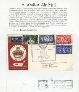 AUSTRALIA: Aerophilately & Flight Covers: THE 1953 CORONATION DAY FLIGHTS: (AAMC.1317, 1318 & 1318a) Special QANTAS flown covers flown Sydney - London, London - Sydney and similar pairs of covers flown to and from Norfolk Island, Papua New Guinea, New Zealand, Fiji, British Solomon Islands, Pakistan, Ceylon, New Hebrides, Mauritius, Singapore & Cocos Island. (24 covers on annotated pages).