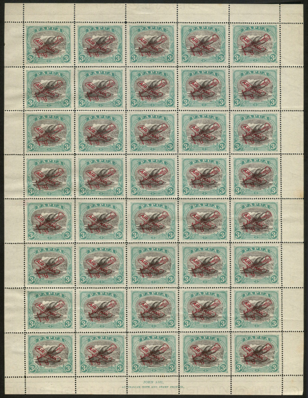 PAPUA: 1930 (SG.118) Airplane Overprint 3d complete sheet (5x8), Ash Imprint at base, part Sheet Wmk 'POSTAGE' (upright) at top and part 'COMMONWEALTH OF AUSTRALIA' (inverted) at base, light gum bend, minor adhesion marks on gum, stamps MUH, Cat. £140++.