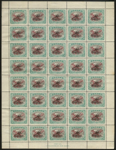 PAPUA: 1930 (SG.118) Airplane Overprint 3d complete sheet (5x8), Ash Imprint at base, part Sheet Wmk 'POSTAGE' (upright) at top and part 'COMMONWEALTH OF AUSTRALIA' (inverted) at base, light gum bend, minor adhesion marks on gum, stamps MUH, Cat. £140++. (40)