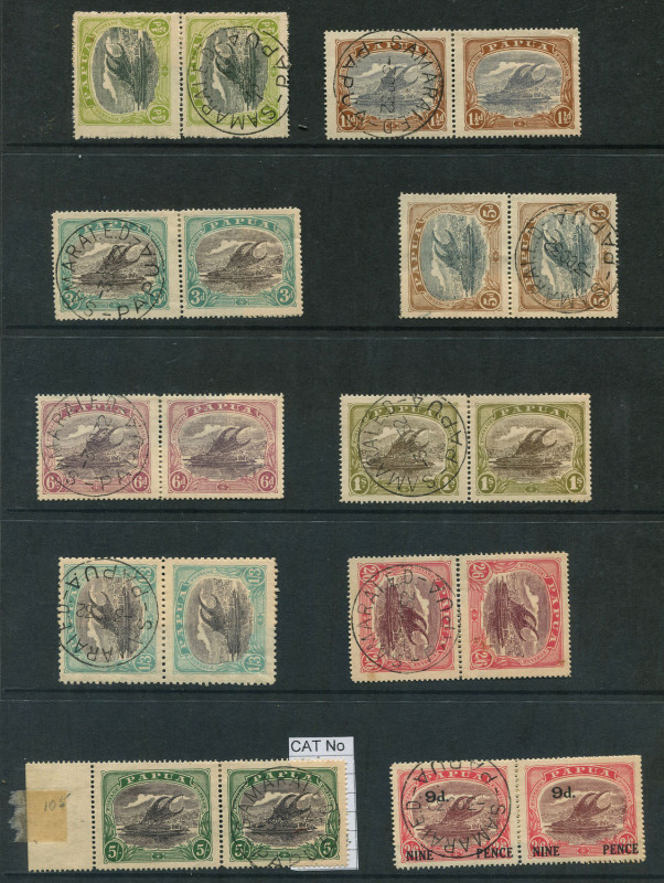 PAPUA: 1916-32 (between SG.93-128) Bicolours pairs of ½d, 1½d, 3d, 5d, 6d, 1/-, 2/6d & 5/-, plus 1931 Ash 9d on 2/6d and 1932 1/3d, each pair with one stamp uncancelled, the other with a 'SAMARAI E.D./3OC32' CTO cancel, most with selvedge folded over and