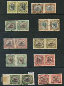 PAPUA: 1916-32 (between SG.93-128) Bicolours pairs of ½d, 1½d, 3d, 5d, 6d, 1/-, 2/6d & 5/-, plus 1931 Ash 9d on 2/6d and 1932 1/3d, each pair with one stamp uncancelled, the other with a 'SAMARAI E.D./3OC32' CTO cancel, most with selvedge folded over and adhered to gum, Cat. £300+. (10 pairs)