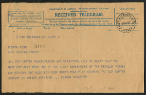 AUSTRALIA: Aerophilately & Flight Covers: 30 April 1940: The First Regular Trans-Tasman Flights: Original telegram sent from Brisbane with SYDNEY CHIEF TELEGRAPH OFFICE cds, sent by Fergus McMaster (co-founder of QANTAS) to Hudson Fysh (Chairman of Qantas) congratulating Fysh on the decision to include QANTAS "in Empire Aviation" and on his being on-board for the first flight.